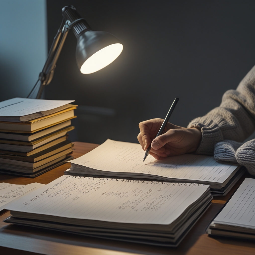 Table de travail académique avec des cahiers ouverts, un stylo posé sur des notes manuscrites, lumière de bureau chaude, fond sombre et textures de papier bien visibles