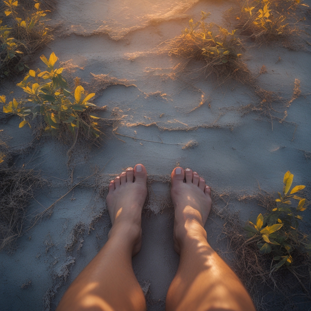 Vue de dessus de pieds nus sur un sol en bois clair, léger flou de mouvement suggérant la marche, lumière naturelle douce et ombres allongées
