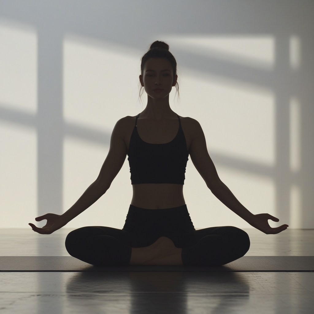 Personne en position de yoga assise, bras étendus de côté, silhouette éclairée par lumière naturelle diffuse dans un espace ouvert et calme