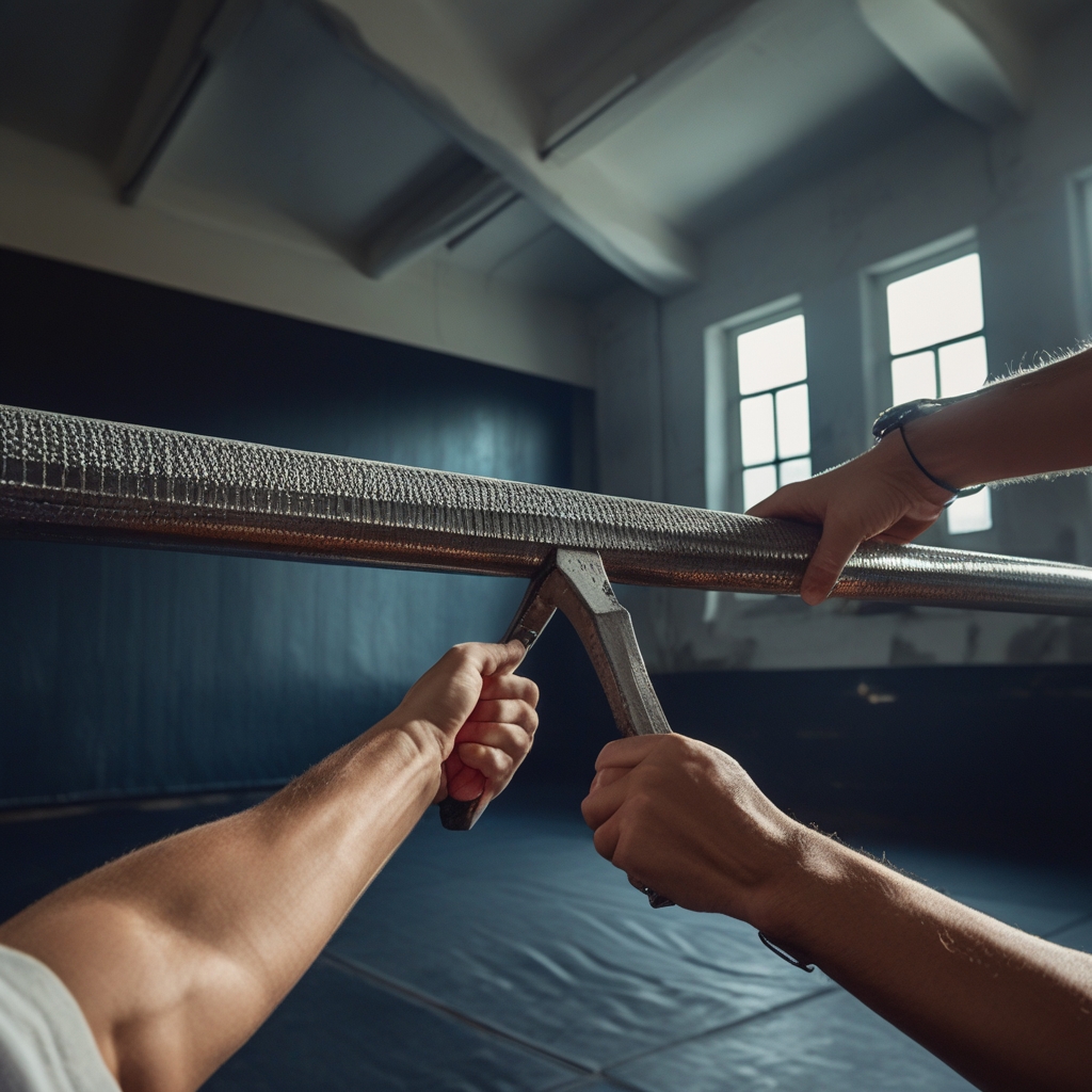 Mains agrippant une barre métallique texturée dans un gymnase épuré, lumière dure contrastée créant des reflets sur le métal, arrière-plan sombre