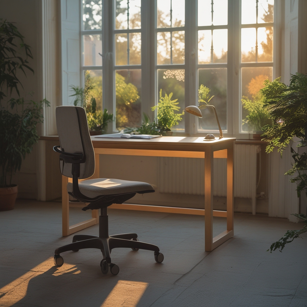 Bureau minimaliste épuré avec une chaise ergonomique en bois clair, lumière naturelle entrant par une grande fenêtre, plantes vertes en arrière-plan, ambiance sereine et ordonnée