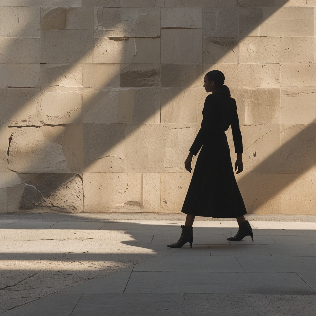 Silhouette gracieuse d'une personne en mouvement contre un fond de lumière naturelle dorée, ombres profondes, atmosphère calme et équilibrée