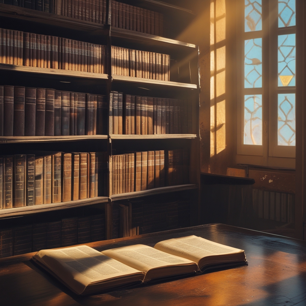 Étagère de bibliothèque avec des livres scientifiques reliés en cuir sombre, lumière de lecture chaude projetant des ombres sur les tranches, atmosphère académique et sereine